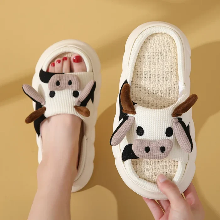 Cartoon Fun and Cozy Cow Linen Slippers