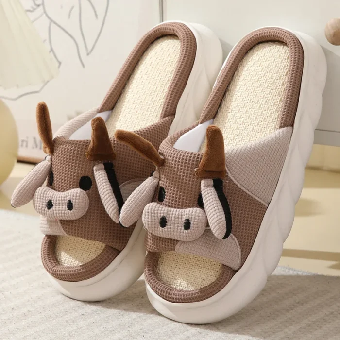 Cartoon Fun and Cozy Cow Linen Slippers