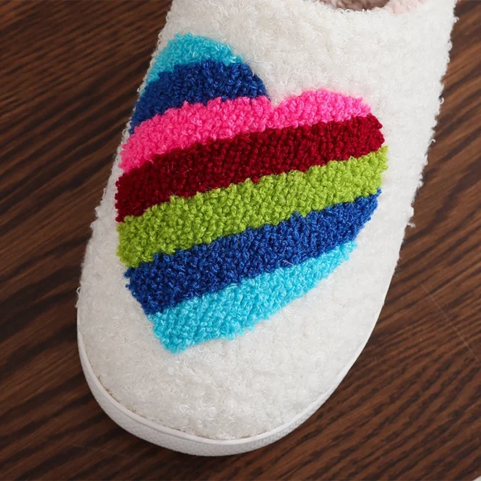 Cute Rainbow Love Home Slippers | Colorful Heart-Design Warm Plush Footwear