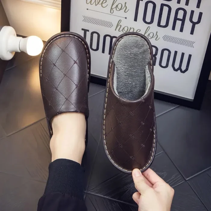 Leather Slippers with Fur | Men's High-Quality Leather Flipflops
