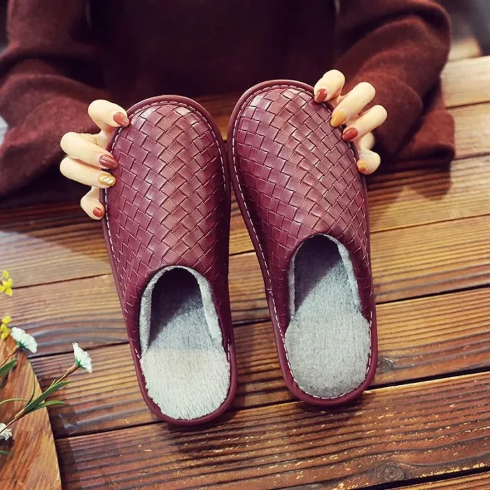 Plaid Leather Handmade Men's House Slippers | Winter Slip-On Soft Comfort