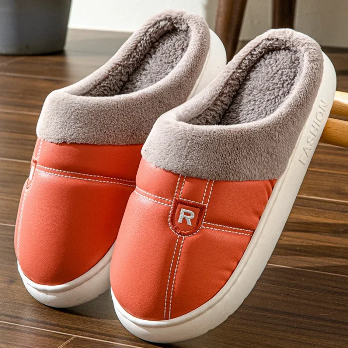 PU Leather Slippers | Plush House Winter Shoes