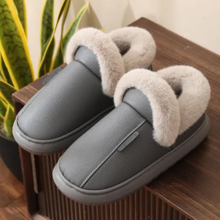 Winter Unisex Leather Slippers | Furry Indoor Fur Slides