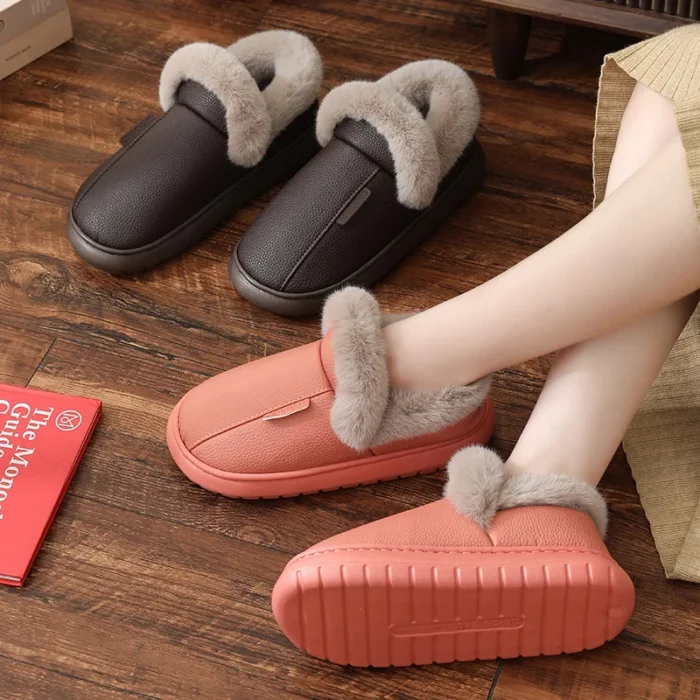 Winter Unisex Leather Slippers | Furry Indoor Fur Slides