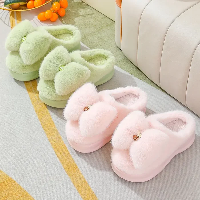 Winter Women Slippers with Bowknot | Thick Furry Girls Indoor Slippers