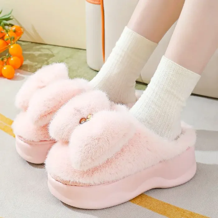 Winter Women Slippers with Bowknot | Thick Furry Girls Indoor Slippers