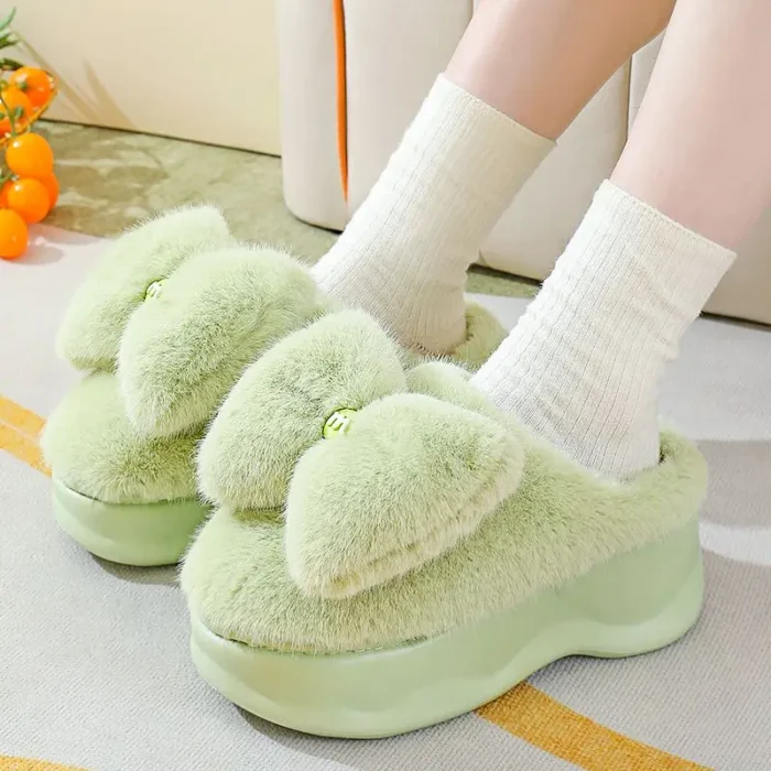 Winter Women Slippers with Bowknot | Thick Furry Girls Indoor Slippers