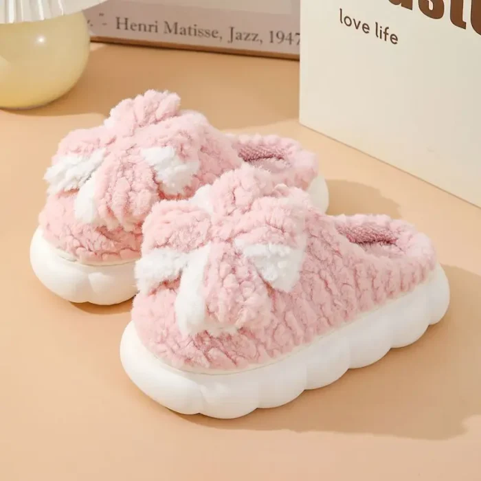 Winter Women Slippers with Bowknot | Thick Furry Girls Indoor Slippers