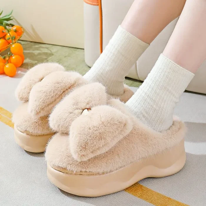 Winter Women Slippers with Bowknot | Thick Furry Girls Indoor Slippers