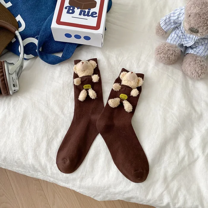 Adorable Bear 3D Doll Socks - Hipster Solid Color Pile Socks