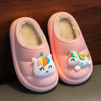 Family Mother And Babi Winter Waterproof Fur Slippers Children Lovely Unicorn Shoes Women Fur Slides 2022 New