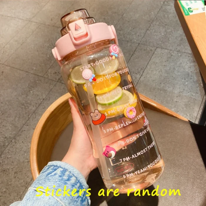 2 Liter Cute Water Bottle with Straw - Large Capacity, Sport Plastic Cup with Stickers