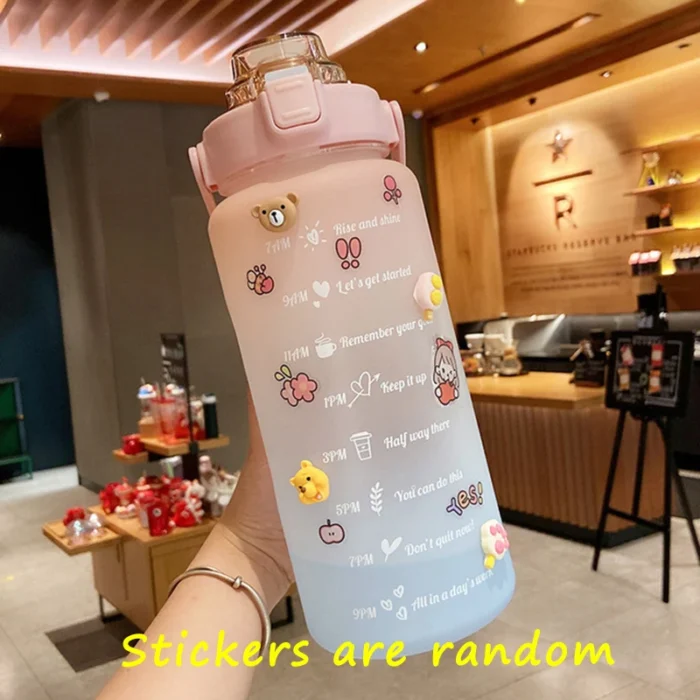 2 Liter Cute Water Bottle with Straw - Large Capacity, Sport Plastic Cup with Stickers