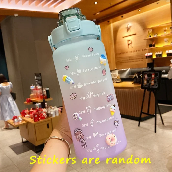 2 Liter Cute Water Bottle with Straw - Large Capacity, Sport Plastic Cup with Stickers