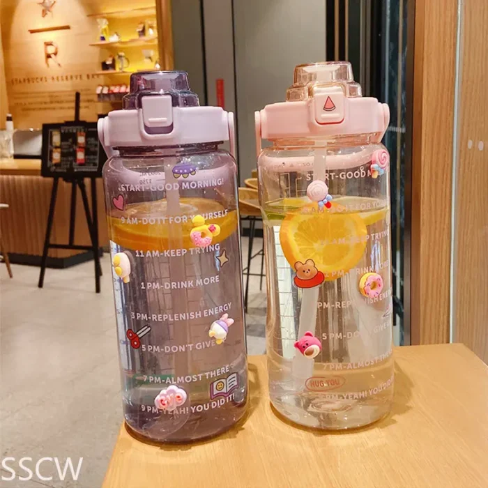 2 Liter Cute Water Bottle with Straw - Large Capacity, Sport Plastic Cup with Stickers