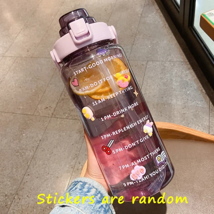 2 Liter Cute Water Bottle with Straw - Large Capacity, Sport Plastic Cup with Stickers