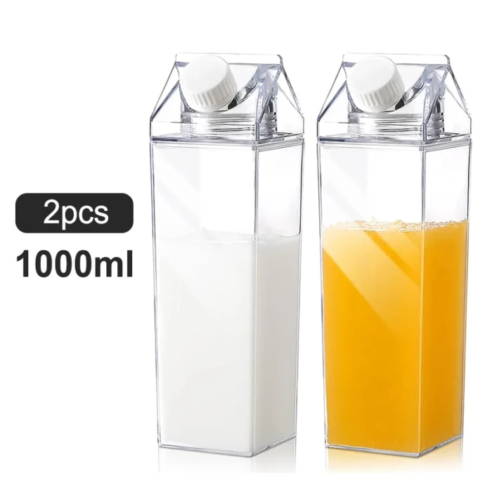 2pcs Transparent Milk Carton Water Bottles - Plastic Square Containers for Sports & Travel