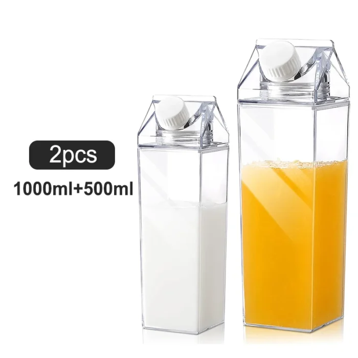 2pcs Transparent Milk Carton Water Bottles - Plastic Square Containers for Sports & Travel