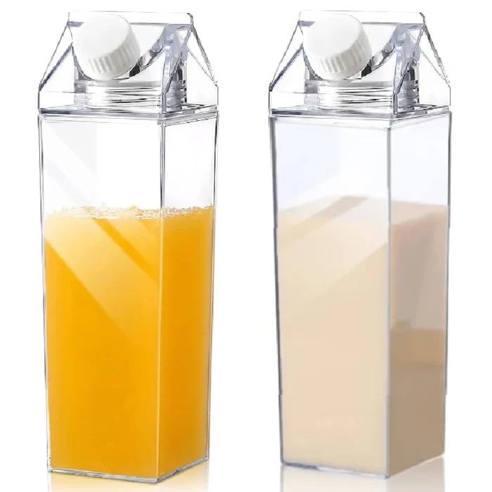 2pcs Transparent Milk Carton Water Bottles - Plastic Square Containers for Sports & Travel