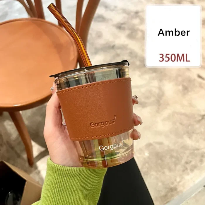 350/450ml Coffee Straw Cup with Deer Print - Heat-Resistant Glass Mug for Beverages