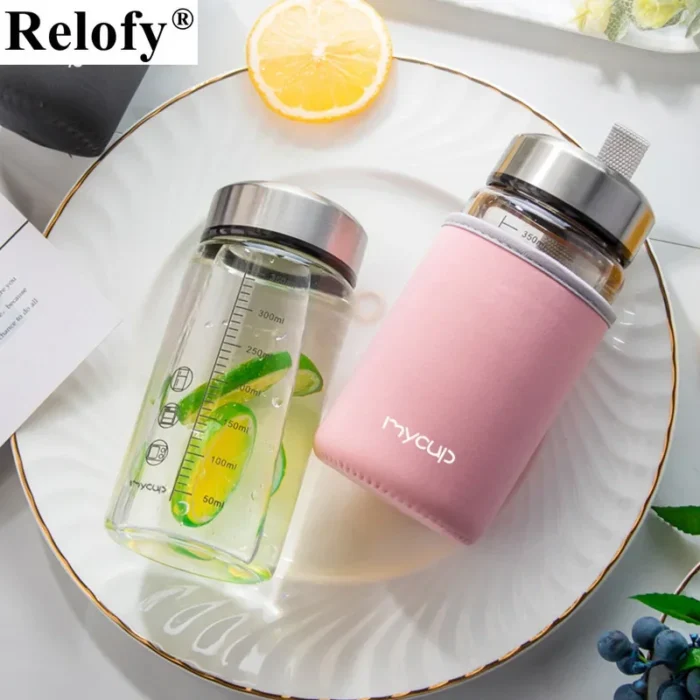 350ml Glass Milk & Water Bottle with Cup Sleeve - Portable Breakfast Companion