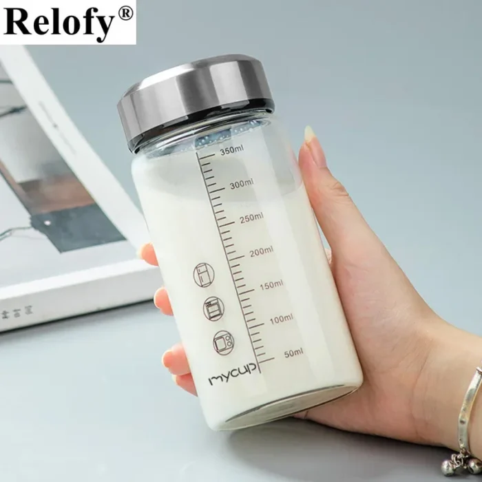 350ml Glass Milk & Water Bottle with Cup Sleeve - Portable Breakfast Companion