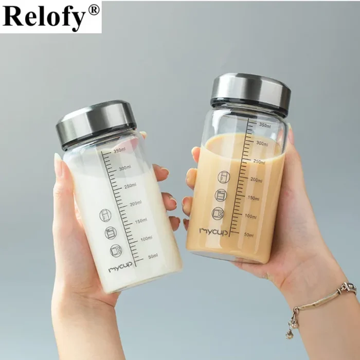350ml Glass Milk & Water Bottle with Cup Sleeve - Portable Breakfast Companion