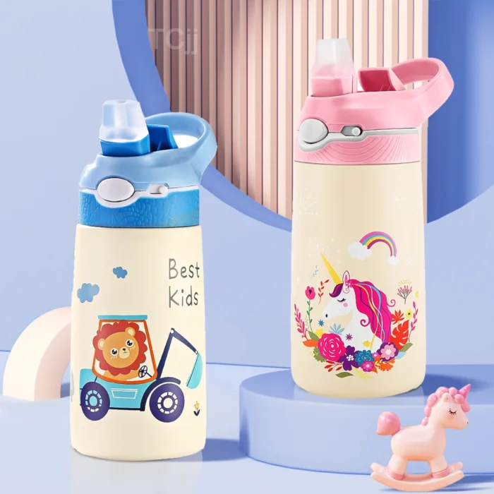 400ML Kids Animal Cartoon Thermos - Stainless Steel Vacuum Flask with Straw