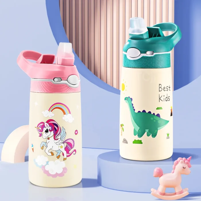 400ML Kids Animal Cartoon Thermos - Stainless Steel Vacuum Flask with Straw