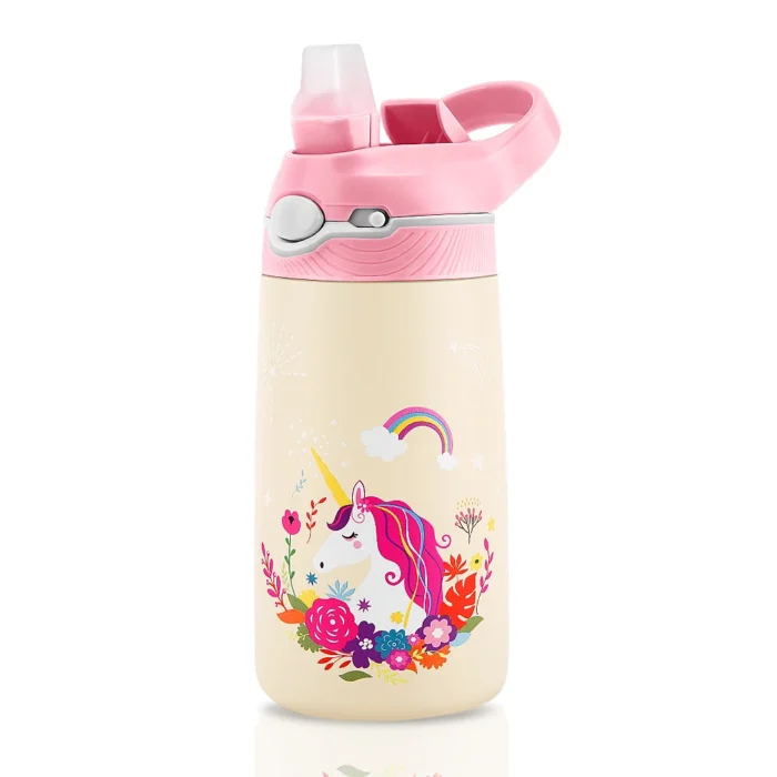 400ML Kids Animal Cartoon Thermos – Stainless Steel Vacuum Flask with Straw - C