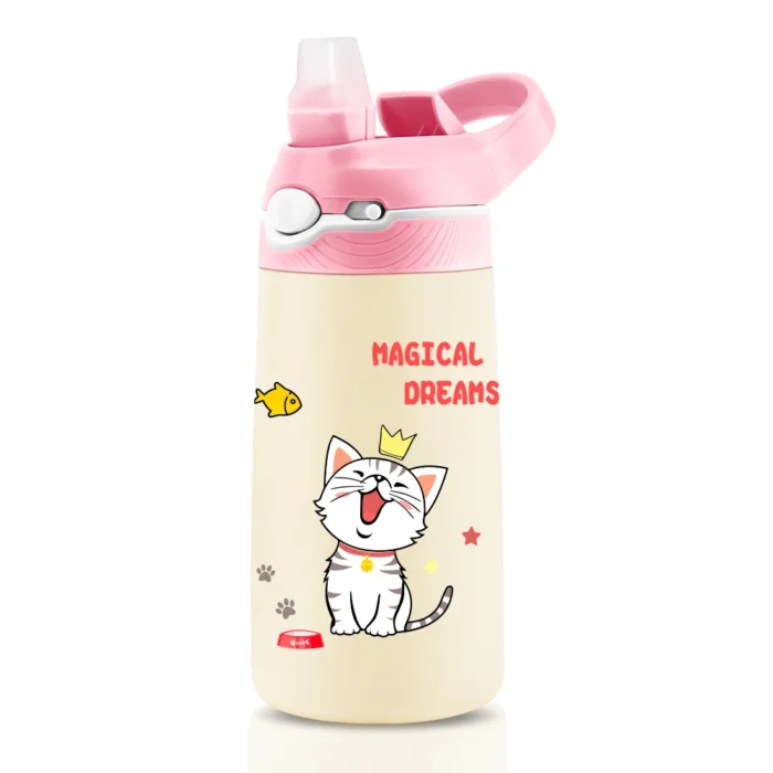 400ML Kids Animal Cartoon Thermos – Stainless Steel Vacuum Flask with Straw - F