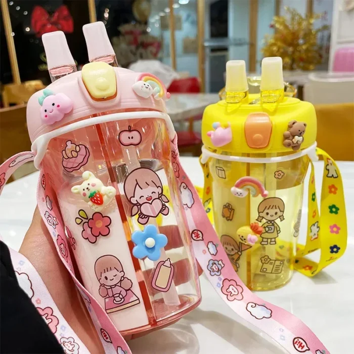 430ml Cute Double Drinking Children's Water Bottle - Portable, Straw-Enabled