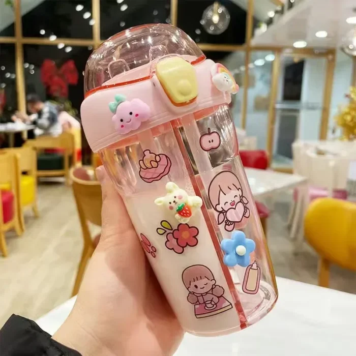 430ml Cute Double Drinking Children's Water Bottle - Portable, Straw-Enabled