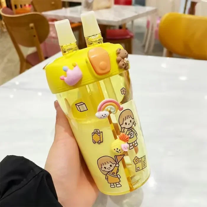 430ml Cute Double Drinking Children’s Water Bottle – Portable, Straw-Enabled - Yellow