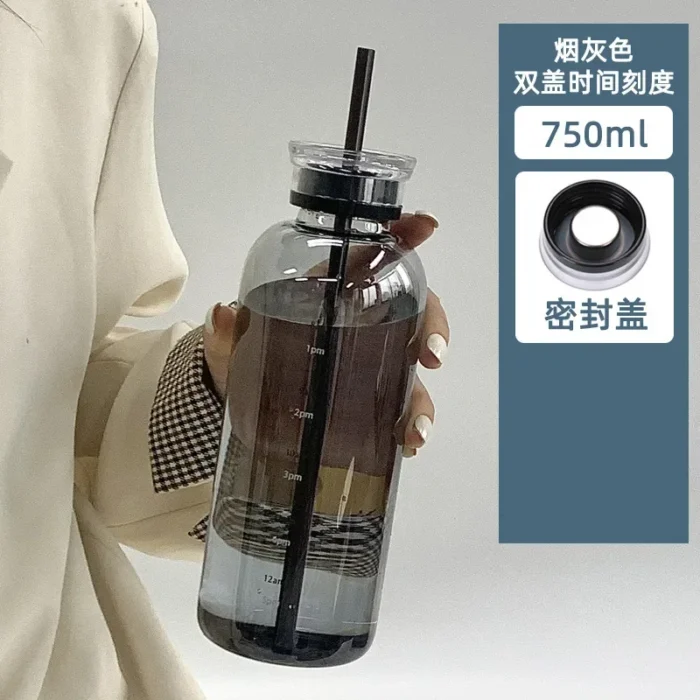 450ml & 750ml Glass Water Bottle with Time Marker - Transparent Drinkware for Milk, Juice, Water