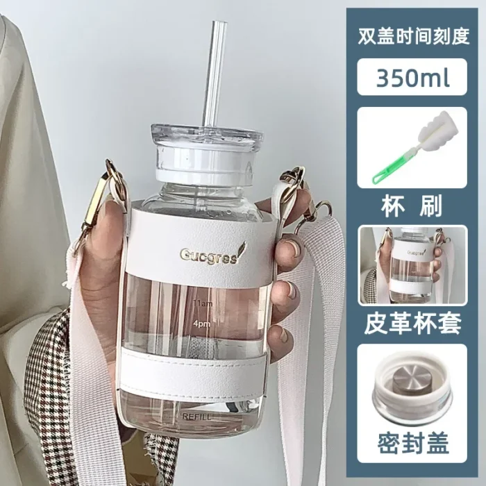 450ml & 750ml Glass Water Bottle with Time Marker - Transparent Drinkware for Milk, Juice, Water