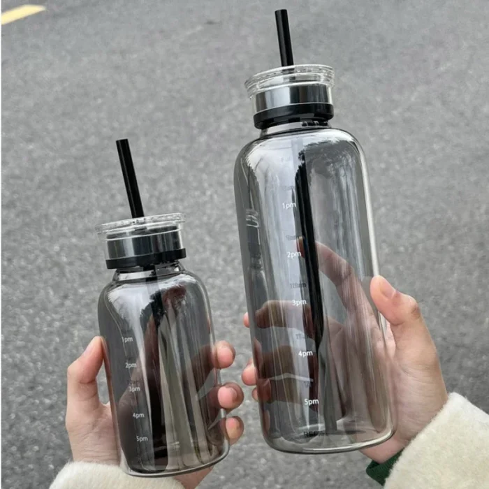 450ml & 750ml Glass Water Bottle with Time Marker - Transparent Drinkware for Milk, Juice, Water