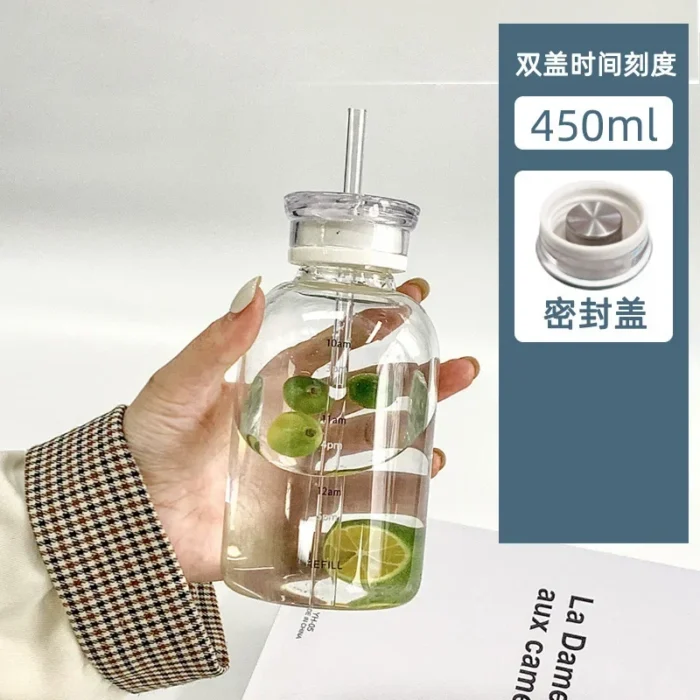 450ml & 750ml Glass Water Bottle with Time Marker - Transparent Drinkware for Milk, Juice, Water