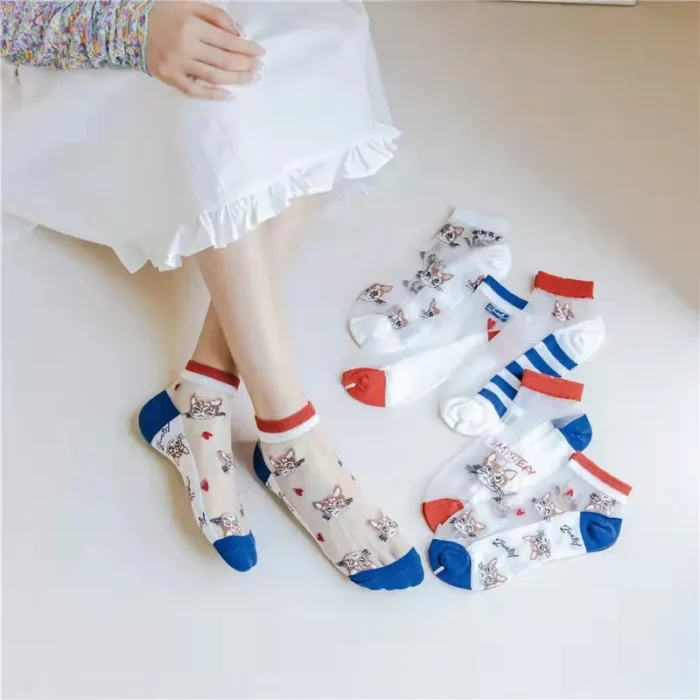 5-Pack Candy Dot & Red Lips Fashion Ankle Socks - Sweet Summer Sheer