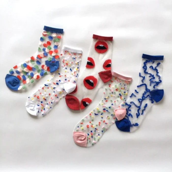 5-Pack Candy Dot & Red Lips Fashion Ankle Socks - Sweet Summer Sheer