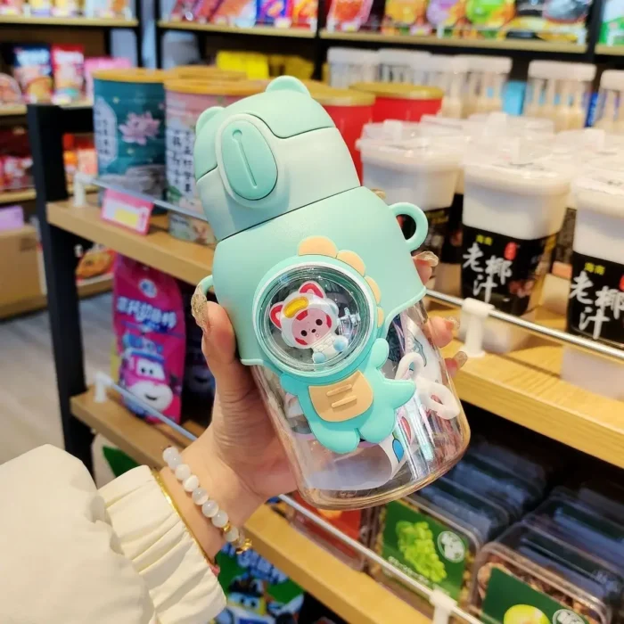600ML Cartoon Kids Water Bottle - Leak-Proof Plastic Cup with Straw for School and Outdoor