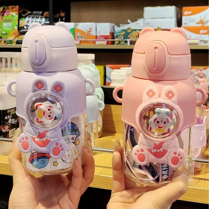 600ML Cartoon Kids Water Bottle - Leak-Proof Plastic Cup with Straw for School and Outdoor