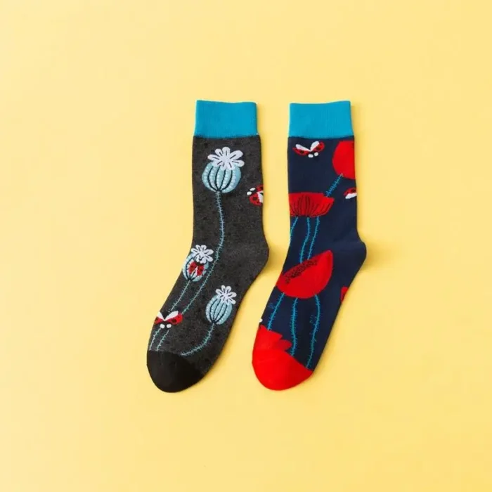 AB Feet Flower & Bird Pattern Mid-Tube Socks - Trendy Unisex Design