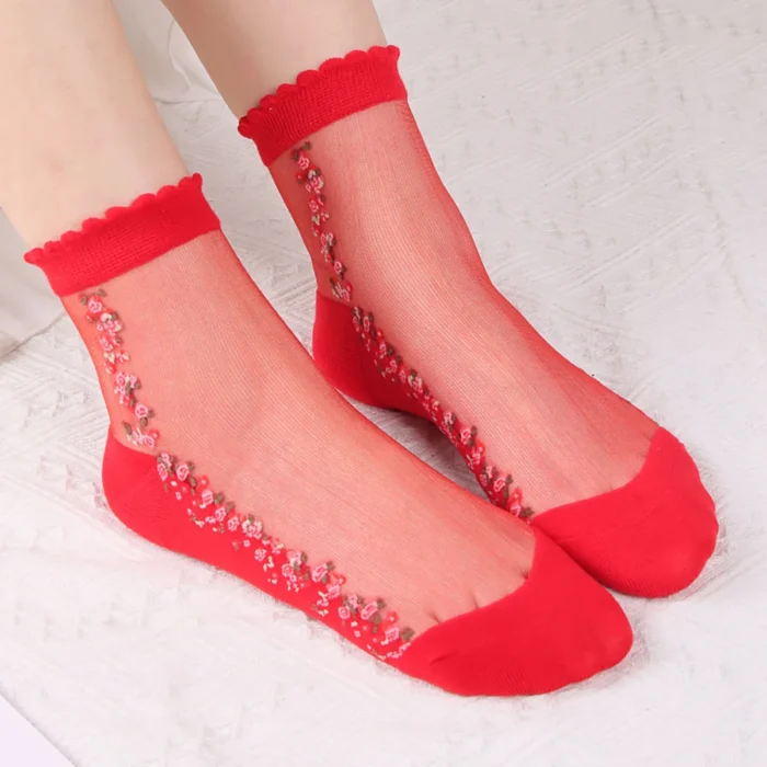 Alluring Fishnet Lace Ruffle Ankle Socks - Soft, Sheer Silk Elegance