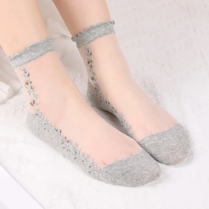 Alluring Fishnet Lace Ruffle Ankle Socks - Soft, Sheer Silk Elegance