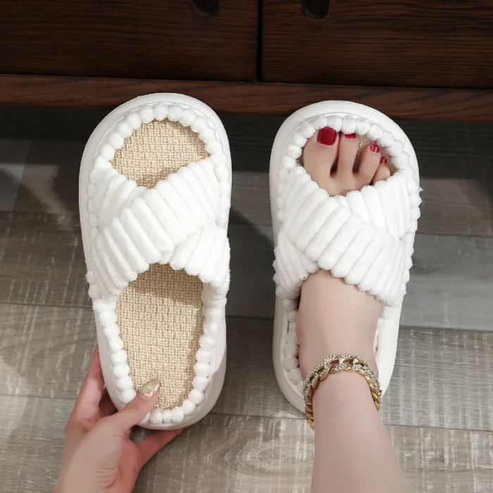 Autumn-Winter Bliss: Women's Open-Toe Cross Band Linen Indoor Slides