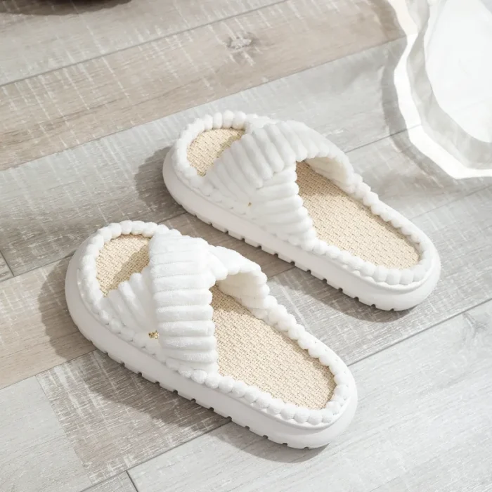 Autumn-Winter Bliss: Women's Open-Toe Cross Band Linen Indoor Slides