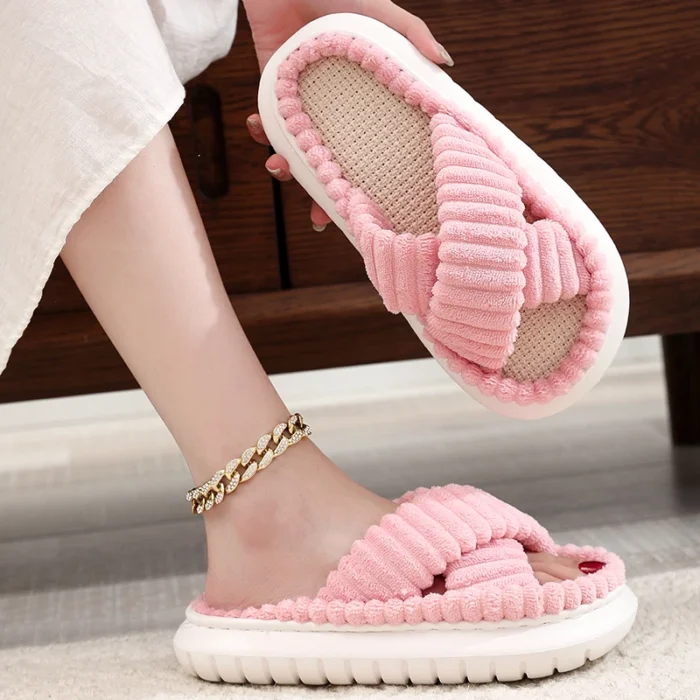 Autumn-Winter Bliss: Women's Open-Toe Cross Band Linen Indoor Slides