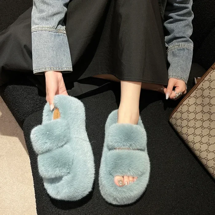 Autumn-Winter Chic: Soled Plush Women's Slippers, Warm Flat-Bottomed