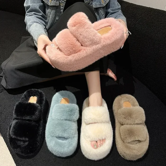 Autumn-Winter Chic: Soled Plush Women's Slippers, Warm Flat-Bottomed
